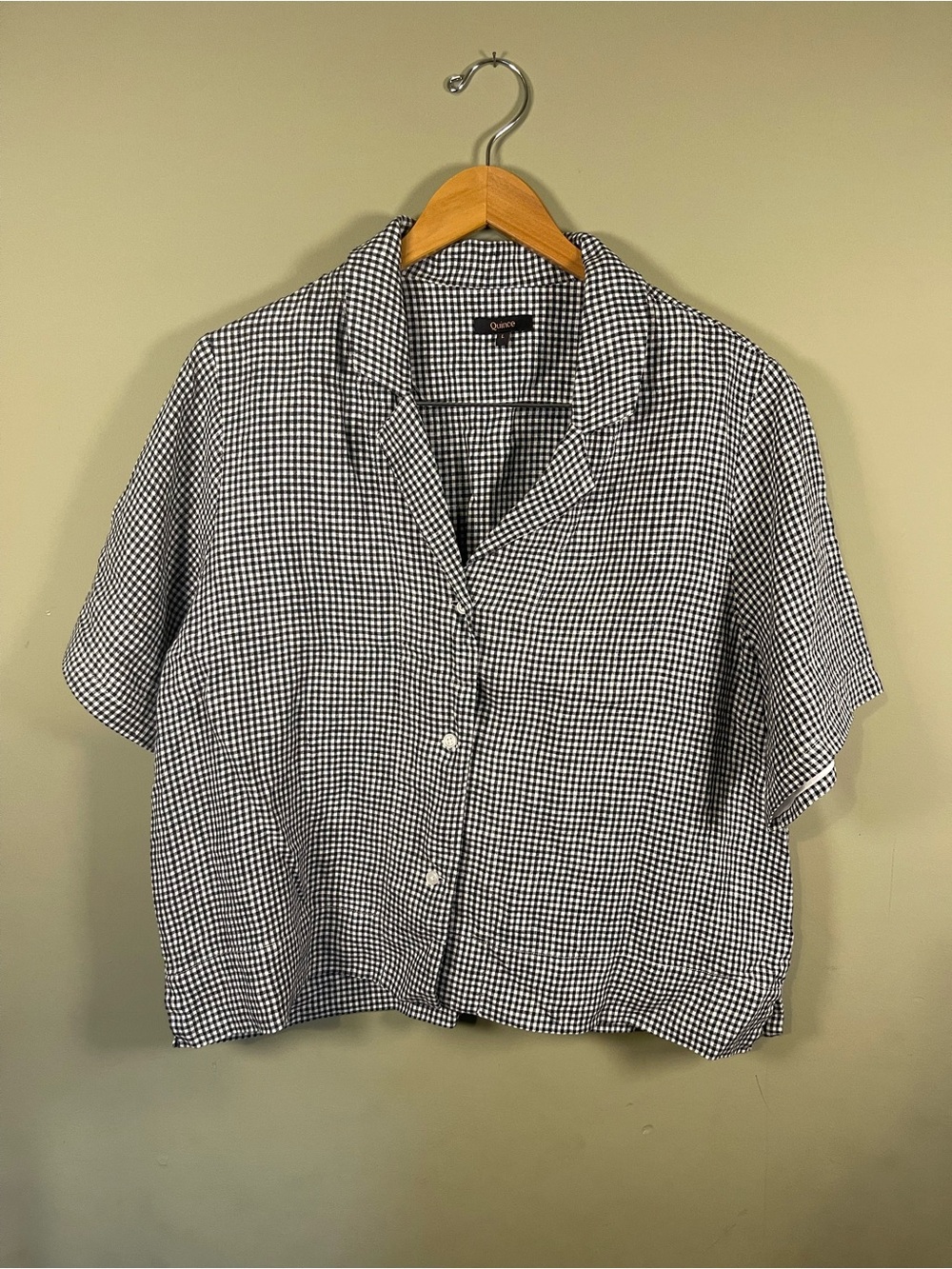 Quince Black & White Gingham Short-Sleeve Button-Down Linen Top - Picture 4 of 8